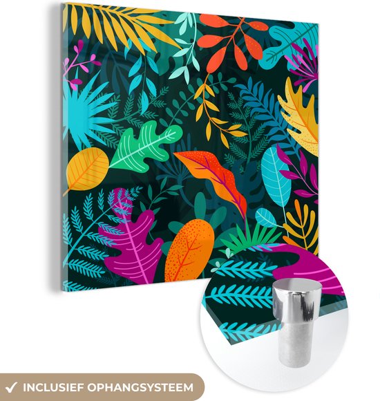 MuchoWow® Peinture sur verre 90x90 cm - Peinture sur verre acrylique - Jungle - Feuilles - Couleurs - Garçons - Filles - Enfants - Photo sur verre - Peintures