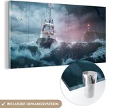 MuchoWow® Glasschilderij 160x80 cm - Schilderij acrylglas - Zee - Boot - Storm - Vuurtoren - Foto op glas - Schilderijen