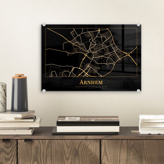 Peinture sur Verre - Carte - Arnhem - Zwart - Or - 30x20 cm - Peintures sur Verre Peintures - Photo sur Glas