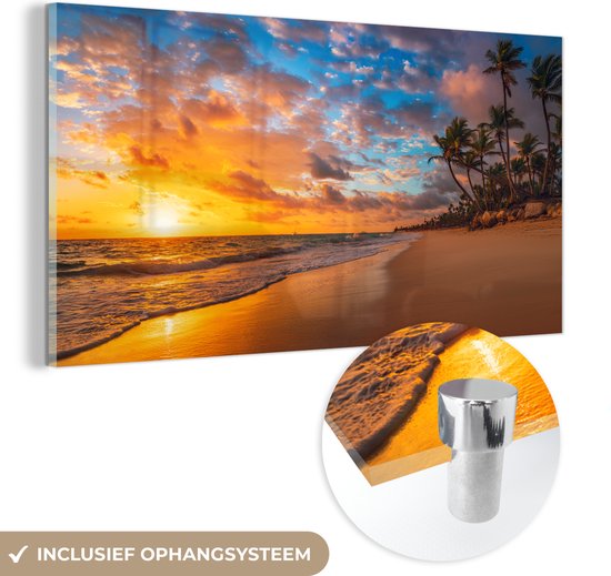 MuchoWow® Glasschilderij 80x40 cm - Schilderij acrylglas - Tropisch - Strand - Zon - Foto op glas - Schilderijen