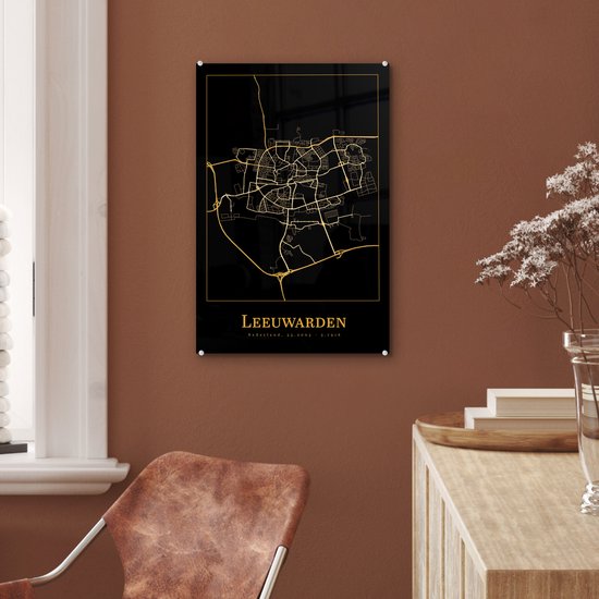 MuchoWow® Peinture sur verre 40x60 cm - Peinture sur verre acrylique - Carte - Leeuwarden - Simple - Or - Zwart - Photo sur verre - Peintures