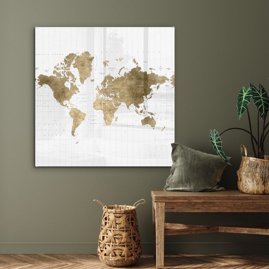 ® Glasschilderij 90x90 cm - Schilderij acrylglas - Wereldkaart - Glitters - Goud - Foto op glas - Muurdecoratie woonkamer - Wanddecoratie slaapkamer - Schilderijen