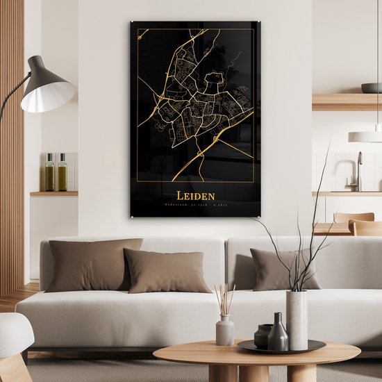 MuchoWow® Peinture sur verre 60x90 cm - Peinture acrylique sur verre - Carte - Leiden - Or - Zwart - Photo sur verre - Peintures