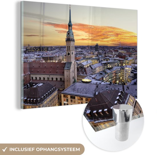 MuchoWow® Glasschilderij 150x100 cm - Schilderij acrylglas - München - Duitsland - Zonsondergang - Foto op glas - Schilderijen