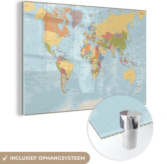 Peinture sur Verre - Carte du Wereldkaart - Couleurs - Atlas - 30x20 cm - Peintures sur Verre Peintures - Photo sur Glas