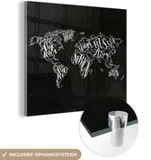 MuchoWow® Glasschilderij 50x50 cm - Schilderij acrylglas - Wereldkaart - Zwart - Wit- Sterrenhemel - Foto op glas - Schilderijen