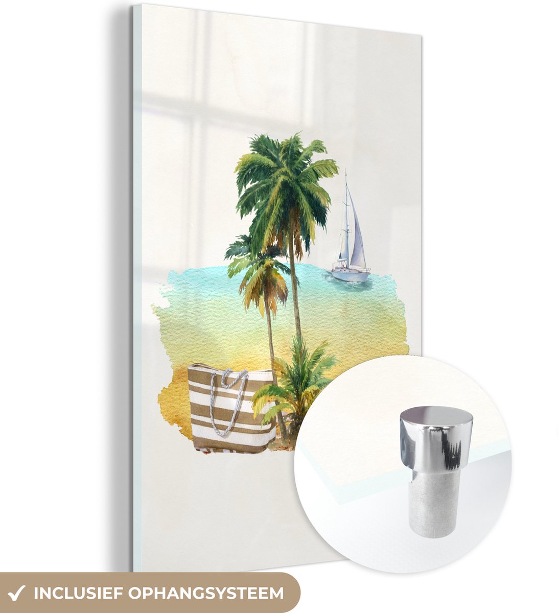 ® Glasschilderij 40x60 cm - Schilderij acrylglas - Strand - Palmboom - Boot - Waterverf - Foto op glas - Muurdecoratie woonkamer - Wanddecoratie slaapkamer - Schilderijen