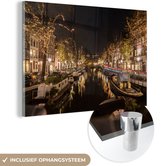 MuchoWow® Glasschilderij 30x20 cm - Schilderij acrylglas - Winter - Licht - Amsterdam - Foto op glas - Schilderijen