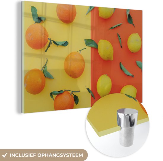 MuchoWow® Glasschilderij 60x40 cm - Schilderij acrylglas - Sinasappel - Citroen - Geel - Oranje - Foto op glas - Schilderijen