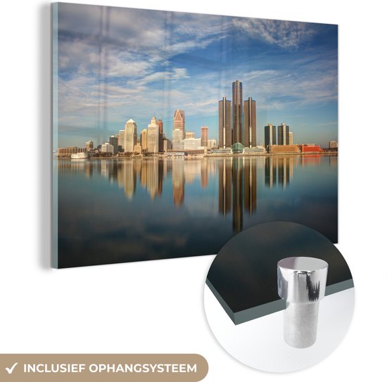 MuchoWow® Glasschilderij 90x60 cm - Schilderij acrylglas - Detroit - Water - Skyline - Foto op glas - Schilderijen