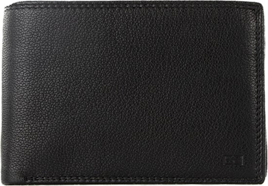 Portefeuille noir en cuir pour homme, fermé, avec détail de couture et logo en bas à droite.