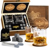 Whisiskey Luxe Whiskey Set - Incl. 2 Whiskey Glazen, 8 Whiskey Stones, 2 Onderzetters, Fluwelen Opbergzak, Opbergbox - Whisky Geschenkdoos - Glas - Herbruikbare IJsblokjes - Vaderdag Cadeau