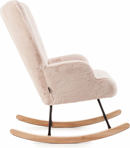 MEBEL6 - Schommelstoel Lammy - Fauteuil binnen - Imitatiebont stof - Licht beige - Houten poten
