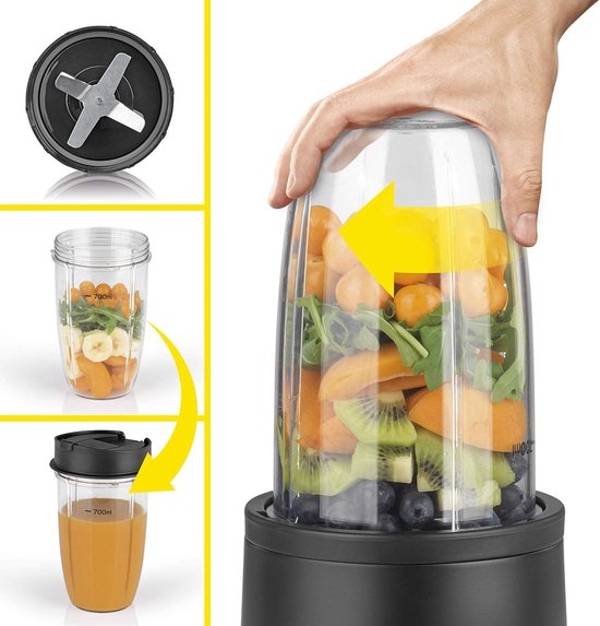 N8WERK Nutrition Mixer in de Midnight Edition - blender voor smoothies en cocktails, ice crush functie, roestvrijstalen messen, 700 ml en 350 ml mengcontainer met to-go deksel, 800 watt, zwart van Merkloos — afbeelding 2