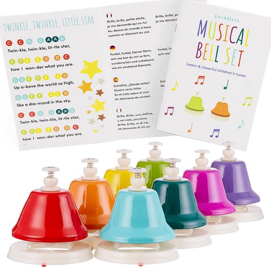 THE TWIDDLERS Set van 8 Handbellen - Kleurrijke Muziekbellen met Liedjesboek - Ideaal voor Kinderen om Muzikale Vaardigheden te Ontwikkelen