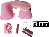 Reisset vliegtuig - Satijnen slaapmasker - Nekkussen/reiskussen - Kofferlabel - reisflesjes/parfumflesje handbagage – scunchie – Licht roze - oDaani