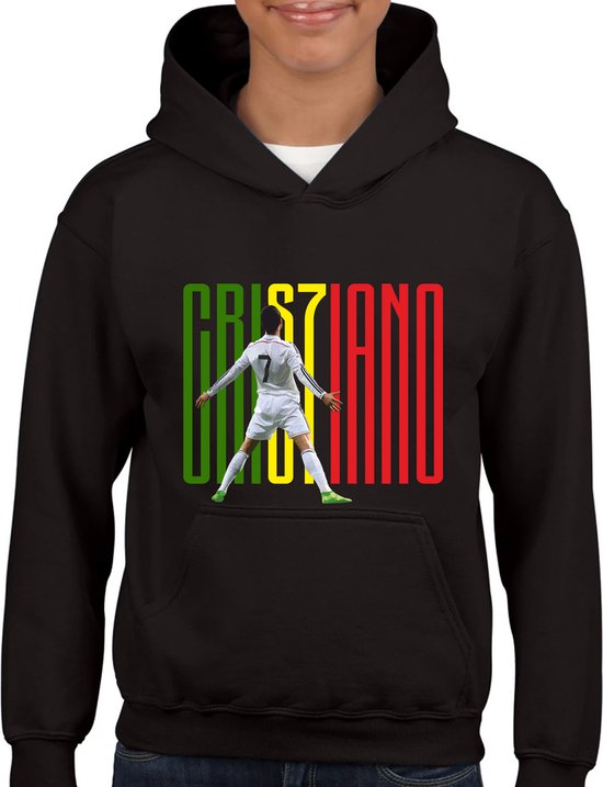 Ronaldo Hoodie - Kinder Hoodie - Zwart - Hoodie leeftijd 11 tot 12 jaar - Ronaldo Hoodie - hoodie Cadeau - Shirt cadeau -Afbeelding - Zwarte Hoodie met Ronaldo afbeelding - Portugal - in kleur