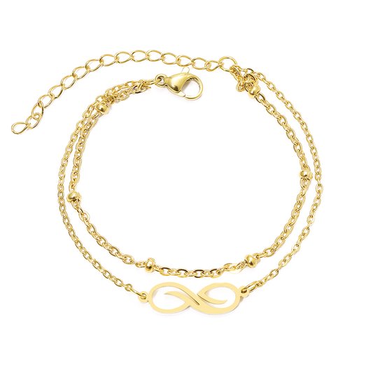 Goudkleurige armband met oneindigheidsteken - gouden Infinity teken en armband met gouden bolletjes - 1 armband bestaand uit twee delen - 18 cm + 5 cm verlengkettinkje