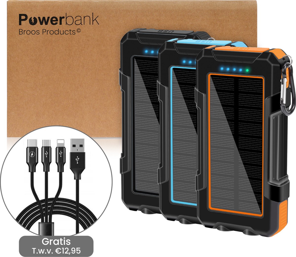 Solar Powerbank 20000 mAh - GRATIS 3 in 1 usb Oplaadkabel - Draadloos opladen - Noodpakket - Solar Charger - 3 poorten - Iphone & Samsung