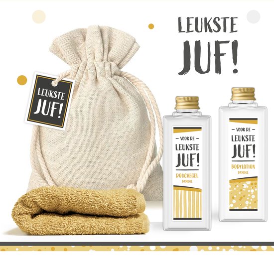 Foto: Geschenkset voor de leukste juf 4 producten 250 gram giftset voor haar cadeau juffendag cadeautje juffrouw klein cadeaupakketje einde schooljaar bedankje leerkracht vrouw klein wellness pakketje lerares geel