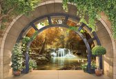 Fotobehang - Uitzicht op de Waterval in het Herfstbos door het Raam 3D - Vliesbehang - 254 x 184 cm