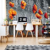 Fotobehang Orange Poppies Black And White | VEL - 152.5cm x 104cm | 130gr/m2 Vlies