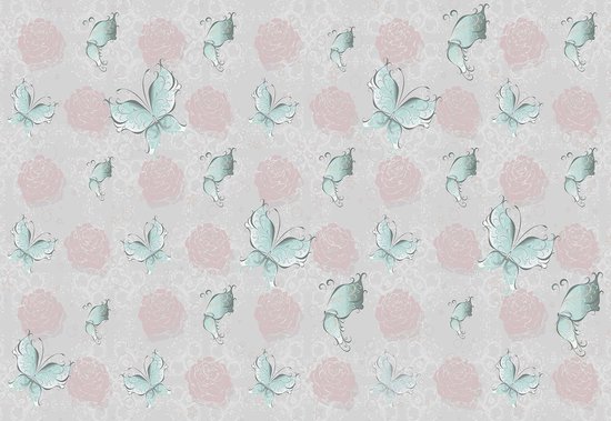 Fotobehang Butterlies and Roses Pattern | XXL - 312cm x 219cm | 130g/m2 Vlies