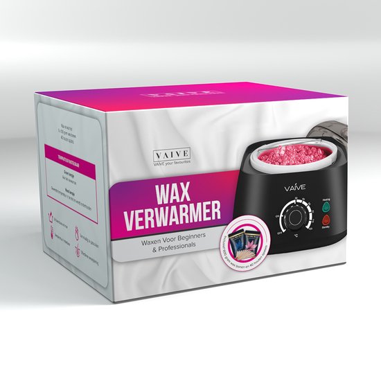 Doos van de VAIVE waxverwarmer met afbeeldingen van de verwarmer en waxbonen.