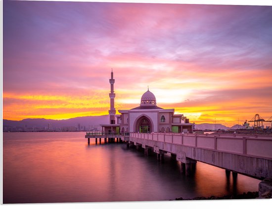 PVC Schuimplaat - Zon Verdwijnend Achter Surau Terapung Penang Port Moskee, Malesië - 80x60 cm Foto op PVC Schuimplaat (Met Ophangsysteem)