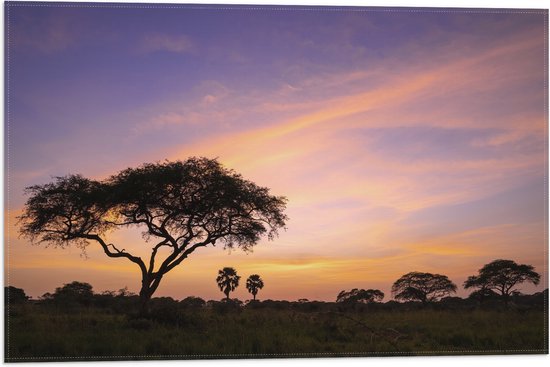 Vlag - Zonsopkomst achter Bomen tijdens Zonsopkomst in Murchison Falls, Uganda - 60x40 cm Foto op Polyester Vlag