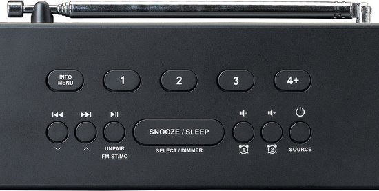 Bovenkant van een zwarte Lenco wekkerradio met bedieningsknoppen, waaronder 'SNOOZE/SLEEP', en een uitgeschoven antenne.