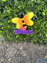 Metalen tuinsteker " bij + welcome " - geel + meerkleurig - hoogte 80 x 25 x 27 cm - Tuinaccessoires - Tuindecoratie - Tuinstekers