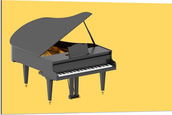 Dibond - Zwart met Witte Vleugel Piano tegen Gele Achtergrond - 90x60 cm Foto op Aluminium (Met Ophangsysteem)