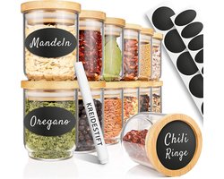 12 stapelbare kruidenpotjes, 150 ml, duurzame kruidenpotjes met deksel van bamboe, incl. krijtstift en 24 stickers om de omschrijvingen, luchtdicht voor het bewaren van de volgende, thee, kruiden en nog veel meer.