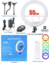 HiCHiCO® 22 inch Ringlamp RGB --- LET OP! ZONDER Statief, 2x USB Port, 12V Touch ID, Remote Control, Bluetooth Afstandsbediening, 3x Telefoonhouder - RGB Ringlamp 55 cm - Ringlight – Ring Light Lampen Statief - 22” RGB LED Soft Ring Light