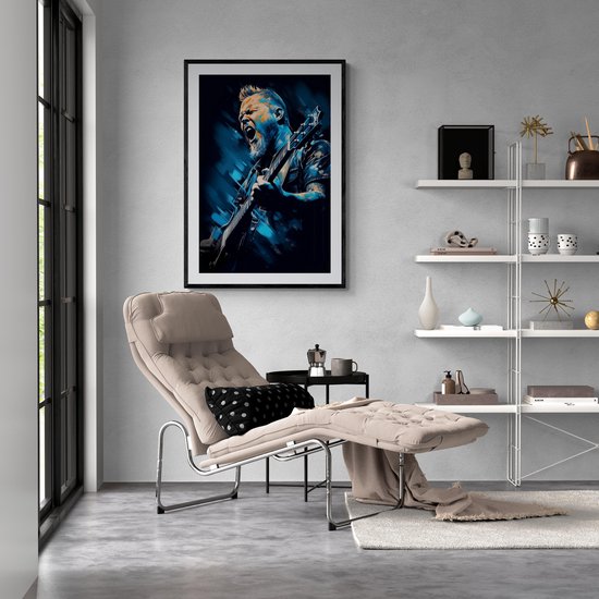 Portrait abstrait de James Hetfield de Metallica jouant de la guitare, avec des accents bleus et jaunes.