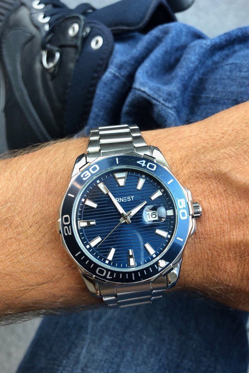 Horloge Vince Blauw Zilver - Ernest - Inclusief Batterij - RVS Back - Herenhorloge