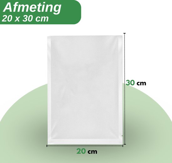 Sac sous vide blanc avec des dimensions de 20 x 30 cm, indiquées par des lignes pointillées.
