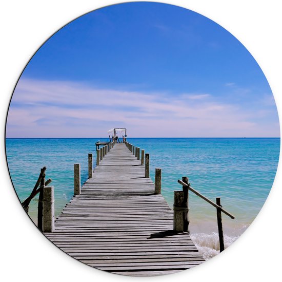 Dibond Muurcirkel - Vlonder over Helderblauwe Zee - 70x70 cm Foto op Aluminium Muurcirkel (met ophangsysteem)