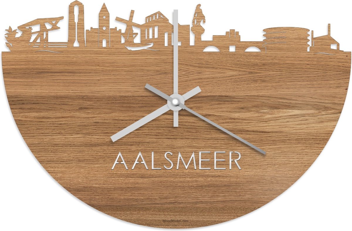 Skyline Klok Aalsmeer Eikenhout - Ø 40 cm - Stil uurwerk - Wanddecoratie - Meer steden beschikbaar - Woonkamer idee - Woondecoratie - City Art - Steden kunst - Cadeau voor hem - Cadeau voor haar - Jubileum - Trouwerij - Housewarming - WoodWideCities