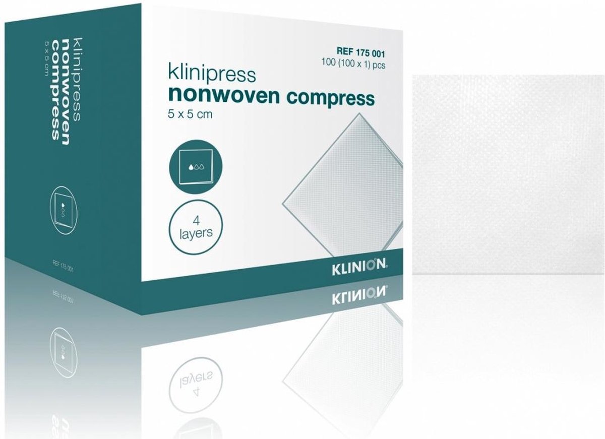 Goedkoopste Klinion gaaskompres nonwoven steriel 4-laags 5x5cm (100 stuks) Klinion - Wit - 67 viscose en 33 polyester - Groot absorptievermogen en goede absorptiesnelheid - 4 laags