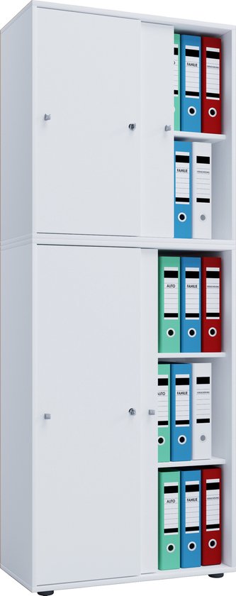 Witte kast met twee schuifdeuren en open vakken gevuld met mappen.