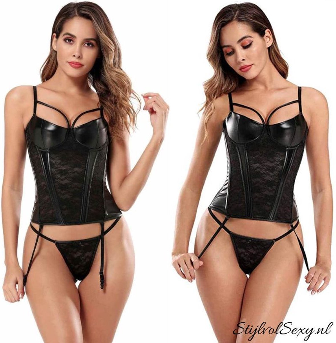 Goedkoopste Zwart leatherlook korset met 10 baleinen | Maat 34 | Afneembare jarretels | Sexy dames corset top erotiek