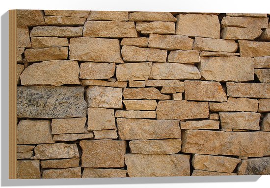 Hout - Muur van Opgestapelde Beige Stenen - 60x40 cm - 9 mm dik - Foto op Hout (Met Ophangsysteem)