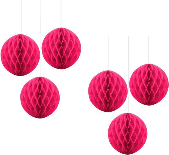 Honeycomb versiering - Honeycomb decoratie – Honinggraat versiering – Balversiering - Papieren hang decoratie – Donder roze - Fuchsia roze – 6 Stuks – 18 Cm – Feest – Versiering – Verjaardag – Decoratie.