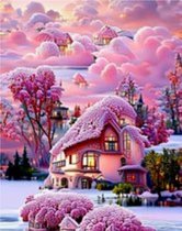 Denza - diamond painting volwassenen landhuis met roze achtergrond 40 x 50 cm volledige bedrukking ronde steentjes direct leverbaar - natuur - sneeuw - voor volwassenen