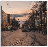 Dibond - Tram door de Straten van Amsterdam - 50x50 cm Foto op Aluminium (Wanddecoratie van metaal)