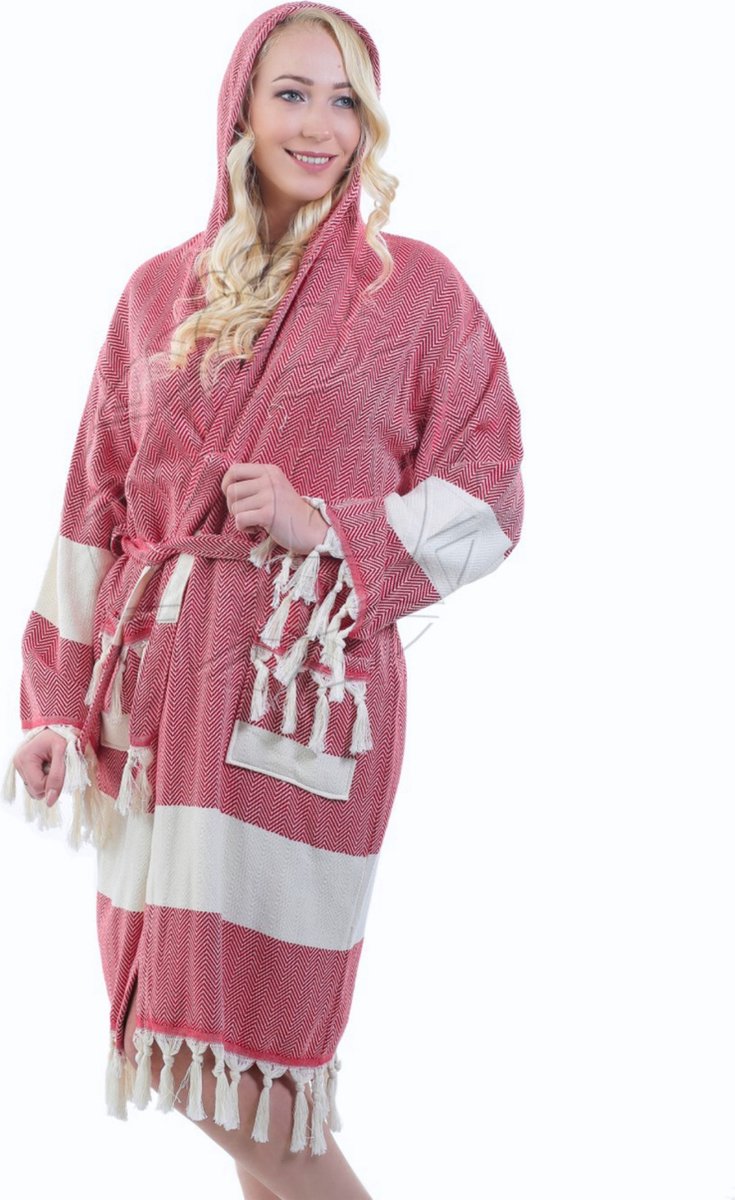 Tavas Badjas dames katoen met capuchon ochtendjas dames Hamam Sauna Badjas - Bordeaux L