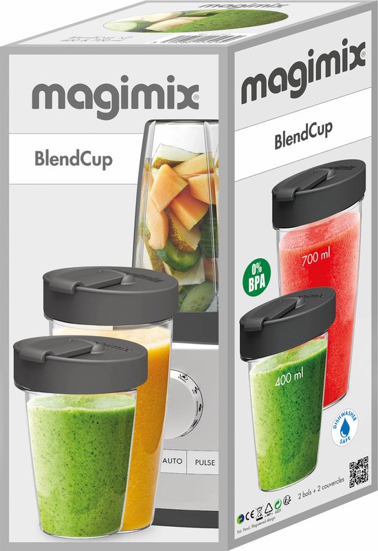 Verpakking van Magimix BlendCups met twee bekers, gevuld met 400 ml groene en 700 ml rode smoothie.