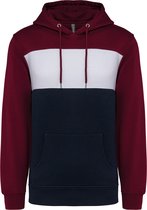 Driekleurige unisex hoodie met capuchon merk Kariban Wine/Wit/Donkerblauw - XS